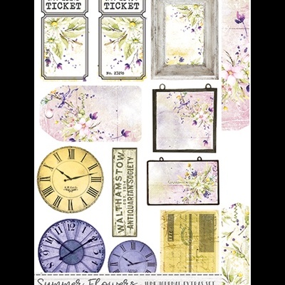 Papéis decorativos para scrapbook com flores, bilhetes, relógios e etiquetas em tons pastéis