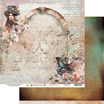Papel decorativo vintage com mulher, flores, borboleta e notas musicais