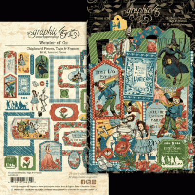Conjunto de papel chipboard temático Wonder of Oz com ilustrações e textos diversos.