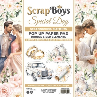 Papel para scrapbooking com elementos de casamento: alianças, pombos, carro antigo, pergaminho e flores em tons suaves