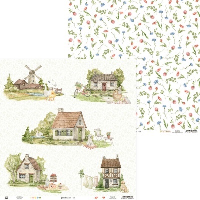 papel de parede com ilustrações de casas de campo e padrão floral colorido