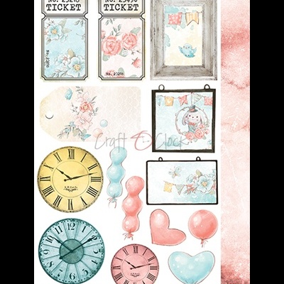 Elementos decorativos coloridos pastel com bilhetes, quadros, relógios e balões.