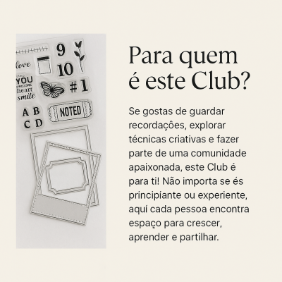 Conjunto de carimbos transparentes variados com texto e formas sobre folha branca