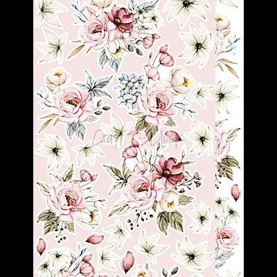 Padrão floral com flores em tons de rosa, branco e verde sobre fundo rosa claro e branco