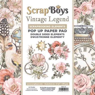 Bloco de papel Scrap Boys Vintage Legend com padrões florais, relógios, máquina de escrever e pássaros