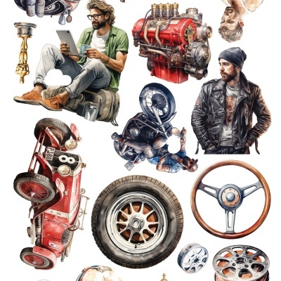 Ilustrações diversas de veículos antigos, homens, rodas, moto e capacetes com texto THE MEN'S WORLD.