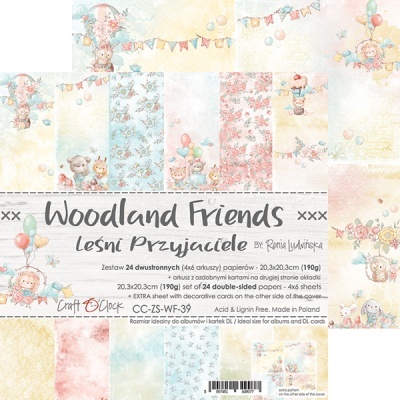 Papel scrapbook Woodland Friends com padrões de animais da floresta e balões em cores pastel