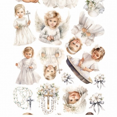 Ilustrações de crianças em trajes de baptismo, acessórios e texto relacionado ao produto