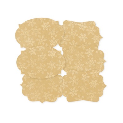 Etiquetas castanhas com padrão de flocos de neve brancos