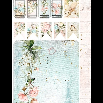 Papéis decorativos para scrapbooking com flores, borboletas e etiquetas em tons pastel