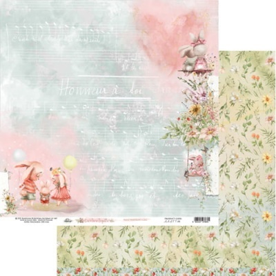 Folha dupla para scrapbook com coelhos, flores, notas musicais e padrão floral