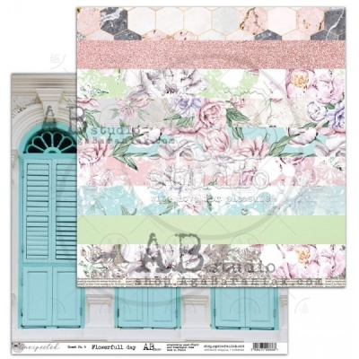 Folha dupla face para scrapbooking com padrão floral e desenhos geométricos em tons pastéis