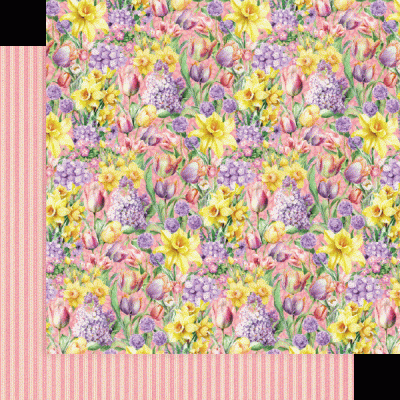 Papel decorativo floral com flores amarelas, rosas e lilases em fundo rosa às riscas