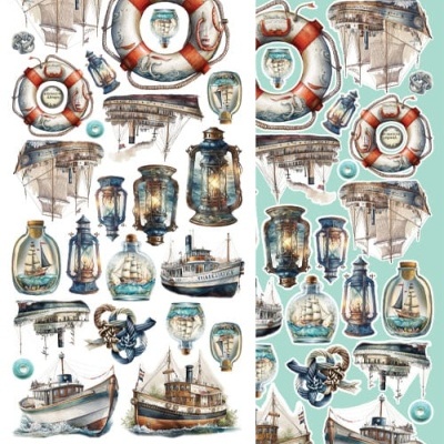 Decalques decorativos náuticos com barcos, botes salva-vidas, lanternas e âncoras em folhas