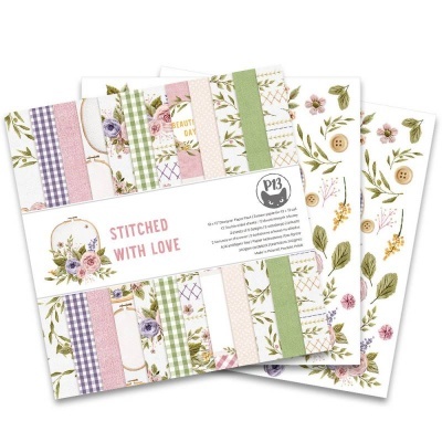 Conjunto de papéis decorativos florais e xadrez com faixa central STITCHED WITH LOVE