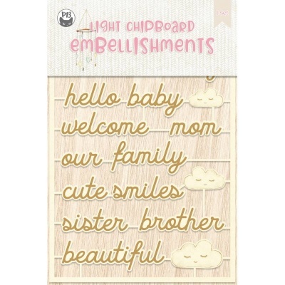 Embalagem de embellishments para chipboard com palavras e nuvens