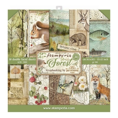 Papel para scrapbook Stamperia Forest com ilustrações da natureza