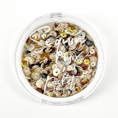 Embalagem redonda transparente com lantejoulas multicoloridas e texto branco