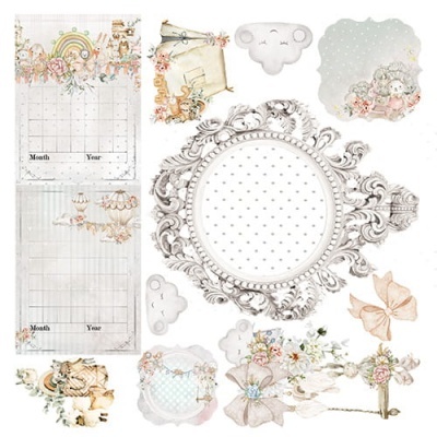 Adesivos decorativos infantis com temas de nuvem, arco-íris, flores, moldura e calendário.