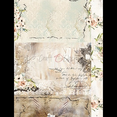 Papel decorativo floral com texto 'Craft O'clock' e efeito envelhecido
