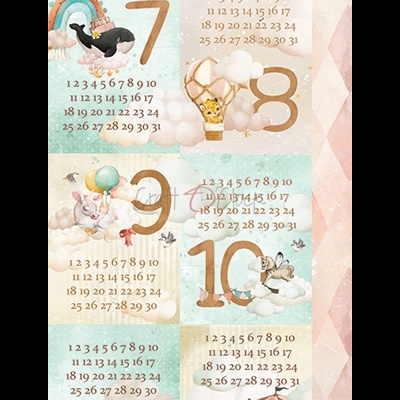 Calendário meses 7 a 12 com números castanhos e desenhos infantis de animais e balões, fundo em tons pastel com padrão geométrico.
