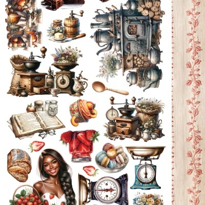 Ilustração de produtos e utensílios de cozinha e confeitaria com frutas e balanças antigas