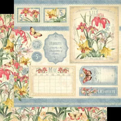 Design floral vintage com flores, borboletas e etiquetas decorativas em azul claro