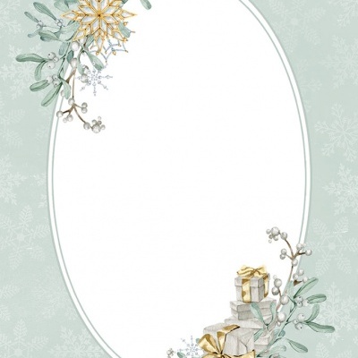 Cartão com moldura oval branca, decoração floral e presentes com fitas douradas sobre fundo verde claro com flocos de neve.