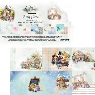 Folha com várias ilustrações em aquarela de casas e cenas infantis para artesanato