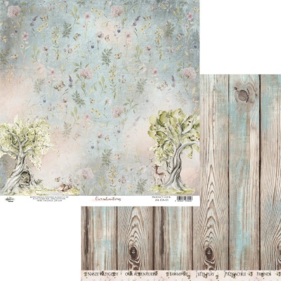 Folha decorativa para scrapbooking com padrão floral subtil e árvores desenhadas