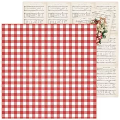 Papel decorativo dupla face com padrão xadrez vermelho e branco e partitura musical com flor