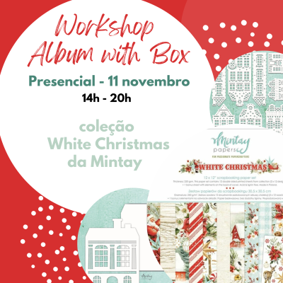 Promoção workshop álbum com caixa coleção White Christmas da Mintay com padrões natalícios