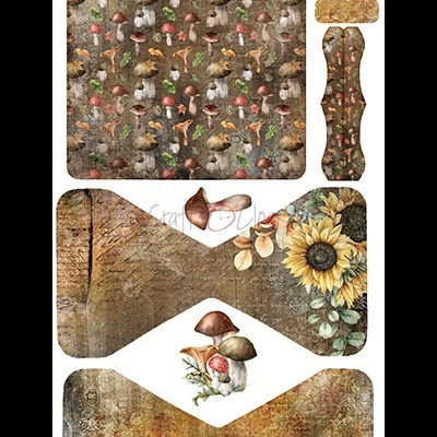 Peças recortadas com padrões de cogumelos e girassol em tons terrosos