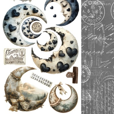 Artes decorativas de luas crescentes com acabamentos em renda, corações e faces femininas em tons neutros e azuis