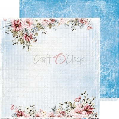 Papel decorativo para scrapbooking com flores rosas e fundo quadriculado azul e branco