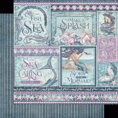 Painel decorativo com sereias, peixes, conchas e texto em tons azul e rosa