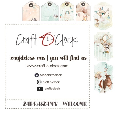 Etiquetas decorativas infantis em papel com ilustrações suaves ao redor de cartão promocional da Craft O'Clock