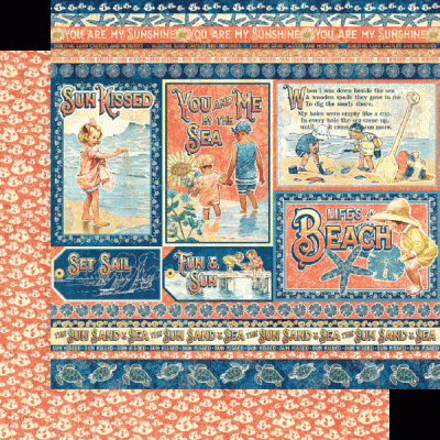 Papel decorativo com temas de praia e mar em tons de azul, laranja e bege