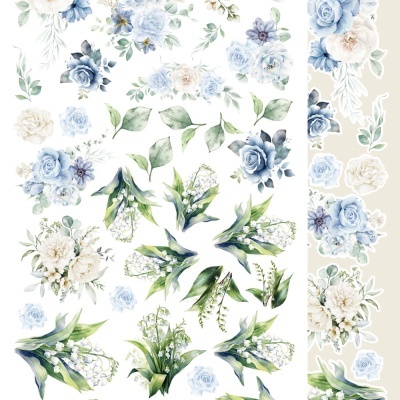 Flores azuis e brancas com folhas verdes em fundo branco e beige