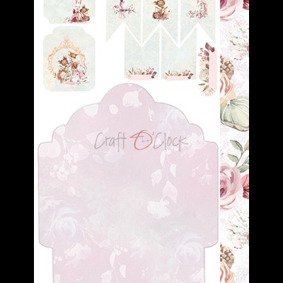 Conjunto de papéis artesanais com flores e coelhos e texto 'Craft O Clock' em fundo pastel