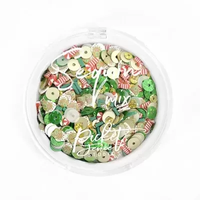 Mistura de lantejoulas coloridas em recipiente plástico com texto branco