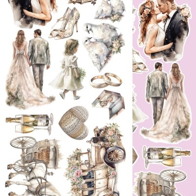 Ilustrações de casamento com casal, pombos, lanterna, sapatos, alianças, carroça e champanhe