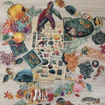 Autocolantes temáticos de vida marinha com peixes, tartaruga e frases inspiradoras