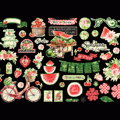 Conjunto de autocolantes vintage com temas de melancia, flores, bicicletas e frases em inglês.