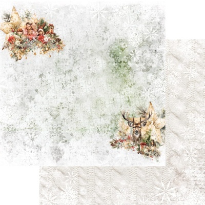 Papel decorativo branco com flocos de neve e imagens de esquilos, crianças e veado com ramos e frutos