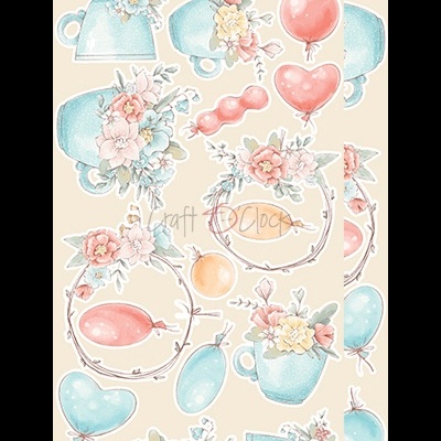 Recortes ilustrados de canecas azuis com flores e balões coloridos