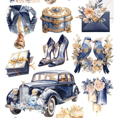 Ilustrações aquareladas de casamento com casal, sapatos, carro vintage, flores e passarinhos