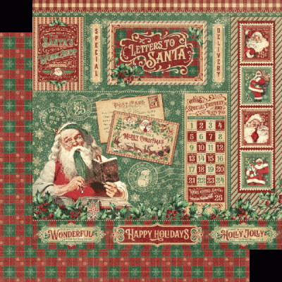 Pano ou papel decorativo natalício vintage com Papai Noel, textos e padrão xadrez