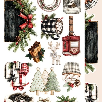 Conjunto de ilustrações de Natal com bolachas, coroas, caneca, presentes, enfeites e um gato.