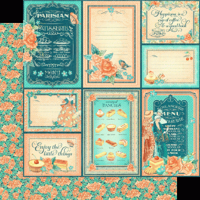 Cartões decorativos com temas de pastelaria e flores em tons turquesa, laranja e creme